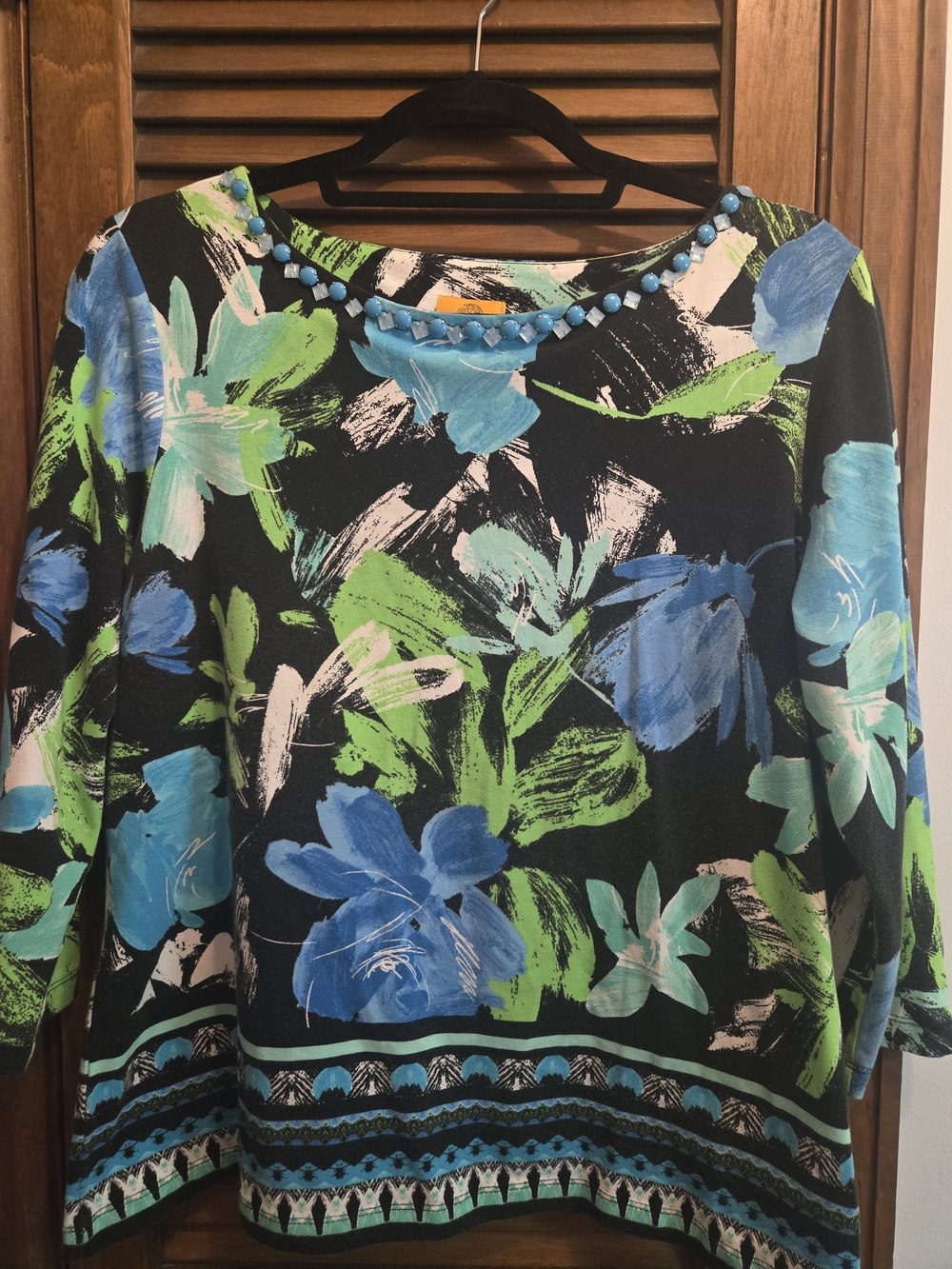 Ruby Rd. Black Floral Boatneck Top with Blue Bead Trim